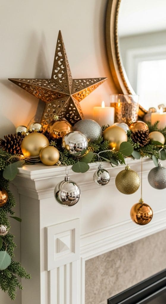 metallic christmas star and baubles on. awhite fireplace with evergreen garland