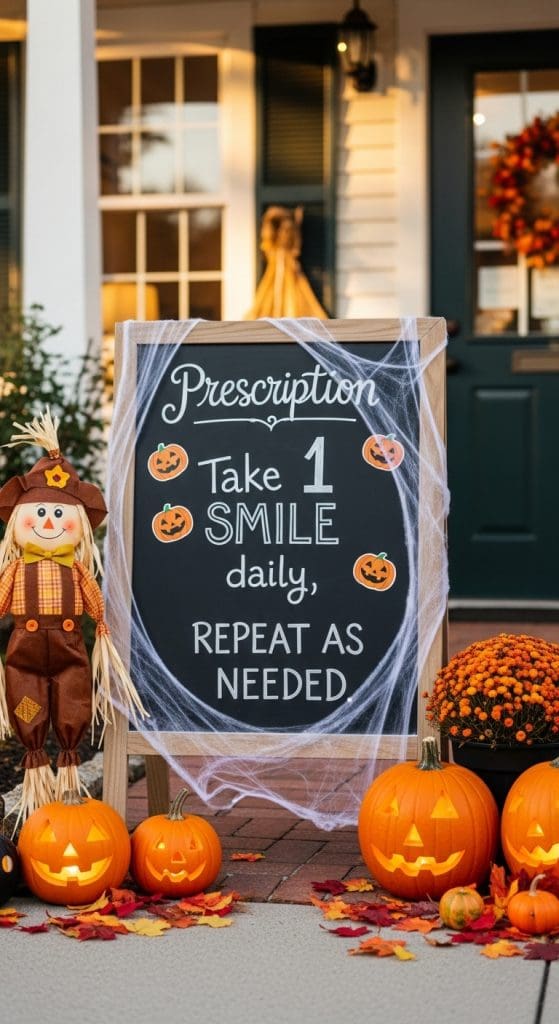 Chalkboard board with a fun Halloween message outside a doctors office
