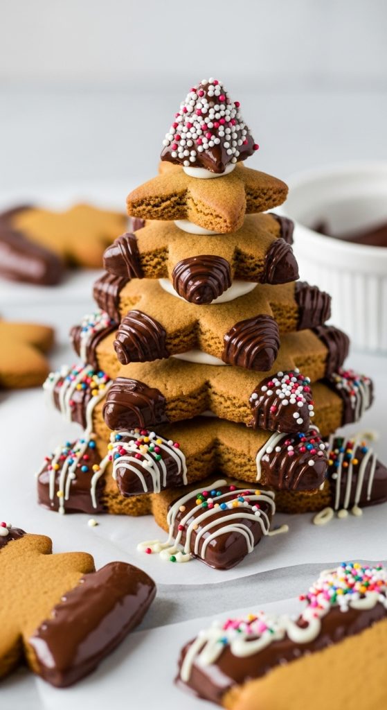 DIY Gingerbread tree decorated with white icing, chocolate and sprinkles