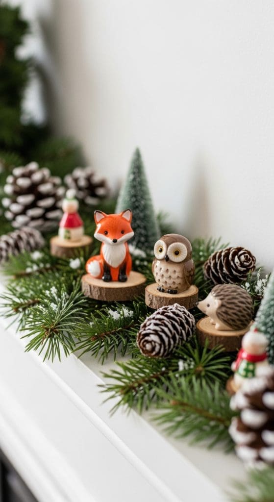 Mini Christmas animals on a mantle with evergreen and pinecones