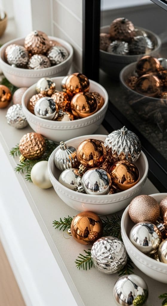 metallic babubles in white ceramic bowls on fireplace mantle