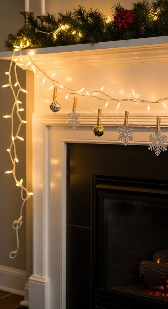 fairy lights strung across mantle with small decorative stars Affordable Mantle Christmas Decor