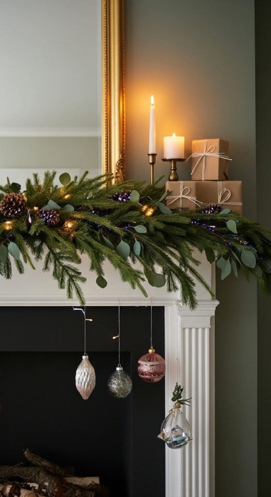 ornaments hanging under a fireplace mantle for christmas