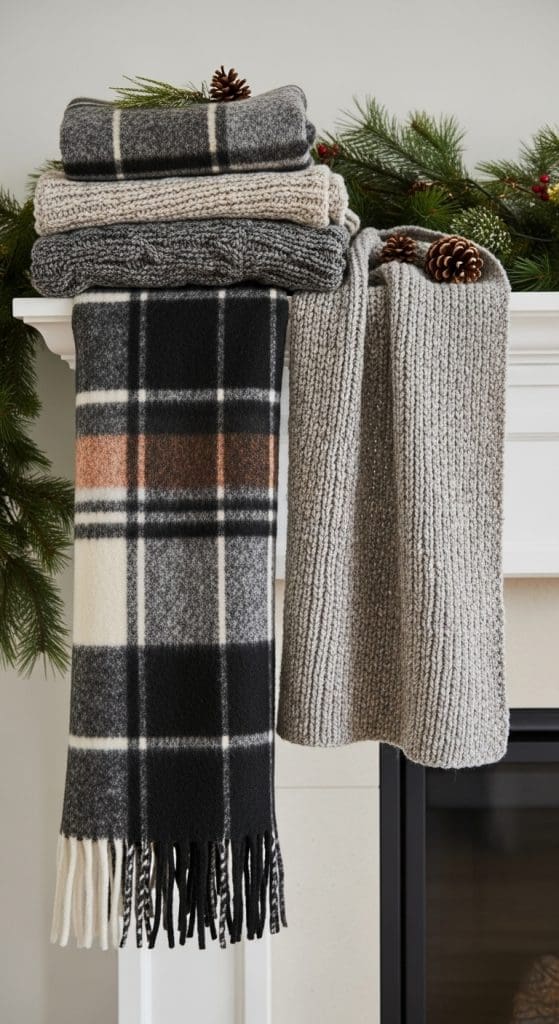 knit and blanket textures on a fireplace