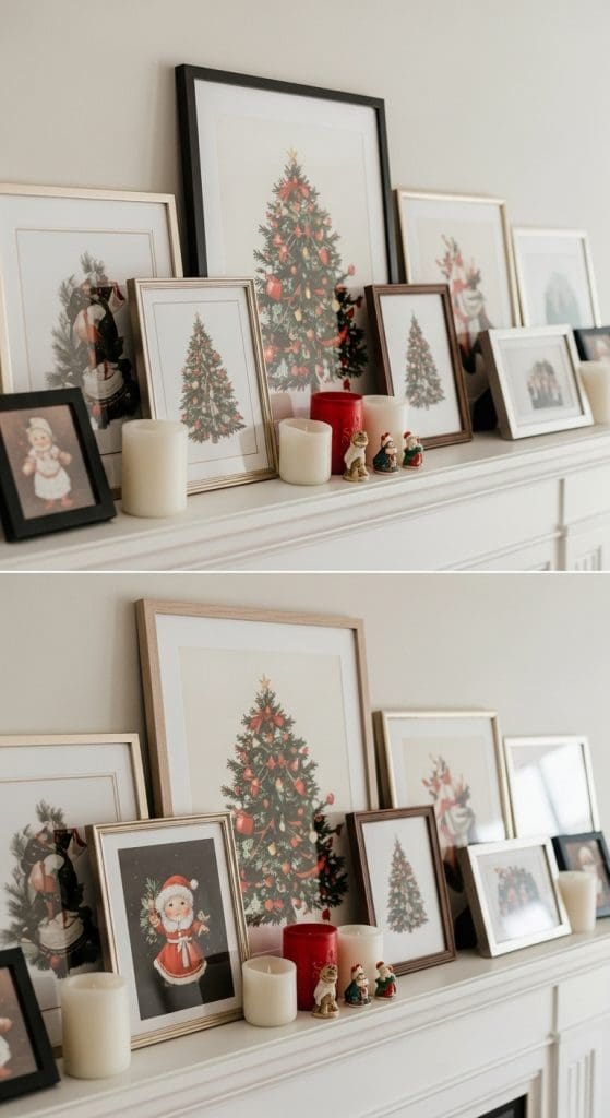 mantle decor of old vintage christmas prints proped on mantle