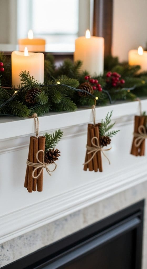 cinnamon sticks bundles on twine hanging from a fireplace
