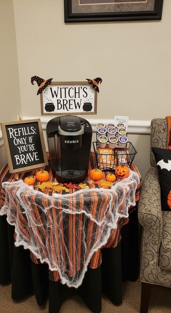 Beverage corner in a doctors office with different Halloween drinks