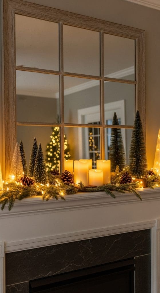 farmhouse style mirror with candles and mini Christmas tree decor on fireplace mantle