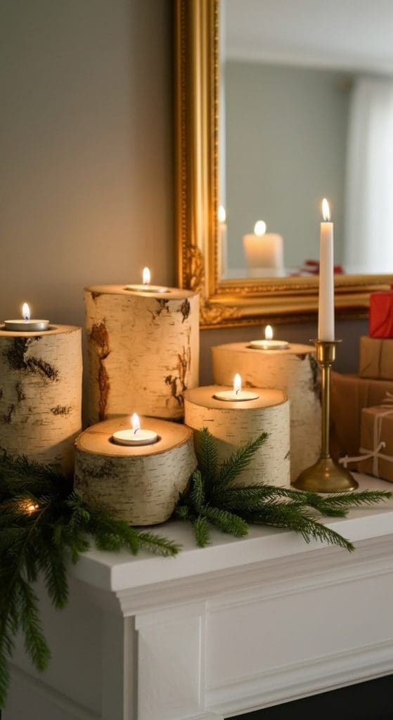 DIY Christmas Candle Holders sitting on a fireplace mantle