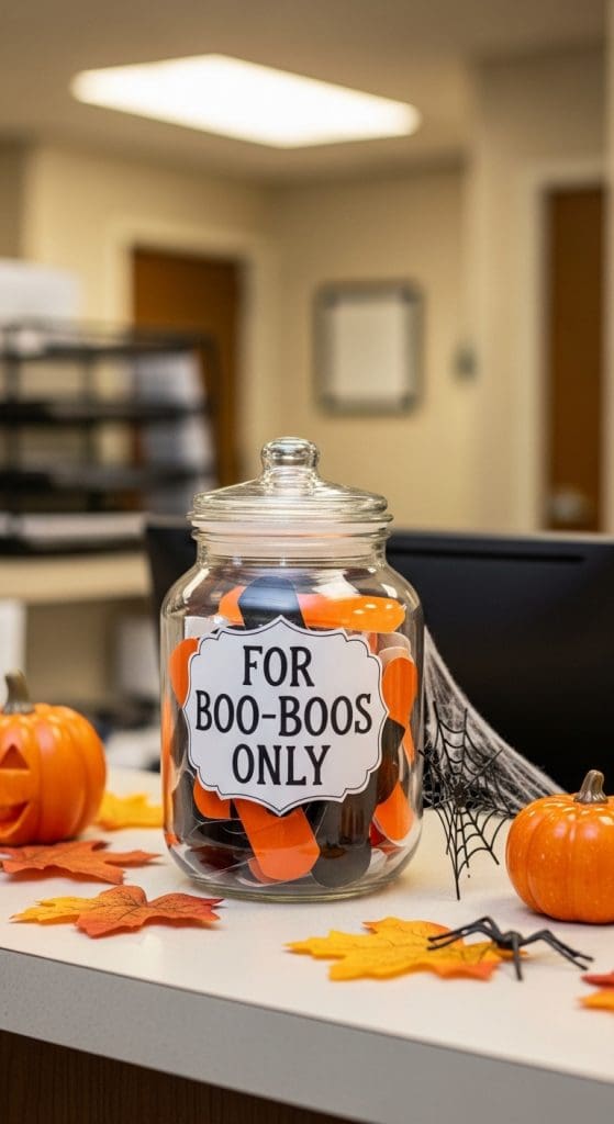 glass mason jar full of orange and black bandages
