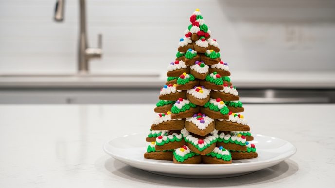gingerbread christmas tree decorating with green icing