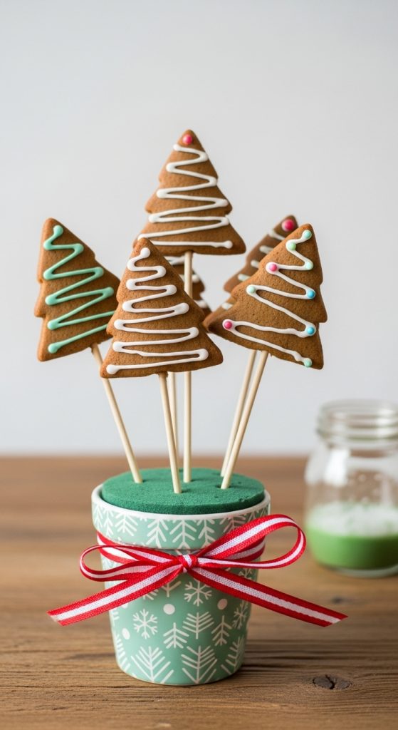 Mini DIY Christmas trees on sticks with icing decorations