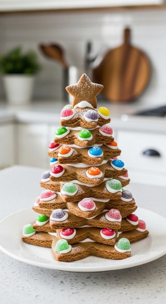 Gingerbread stars decorated with white icing, powdered snow and mini gummies