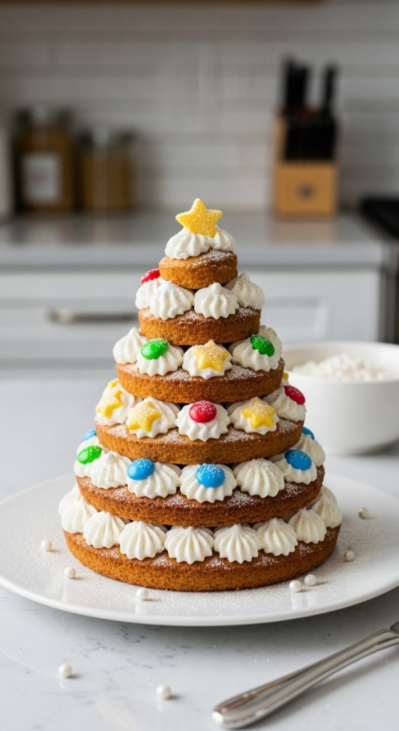 DIY Gingerbread Christmas Tree Ideas with edible glitter and sweets on a white plate