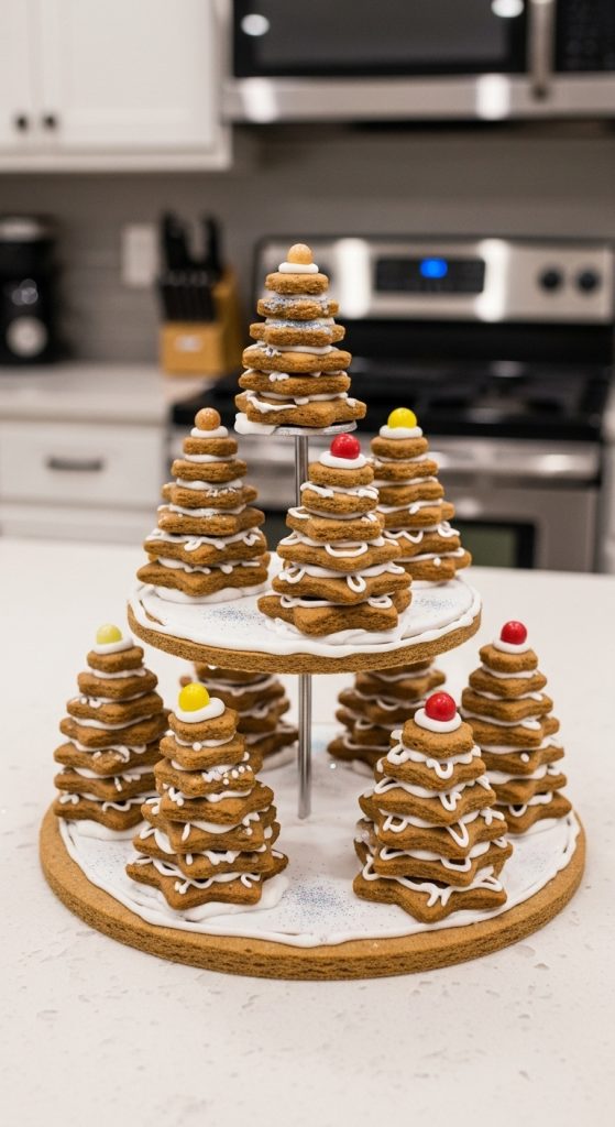 Mini DIY Gingerbread Christmas Trees stacked on a cake stand and decorated with icing and sweets