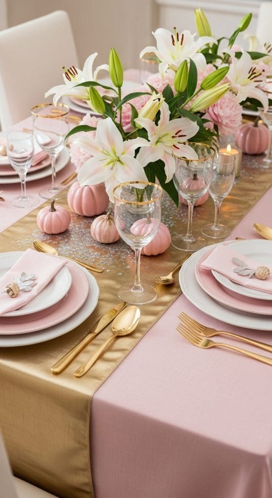 Pink linen tablecloth on a pink Thanksgiving tablescape with gold accents