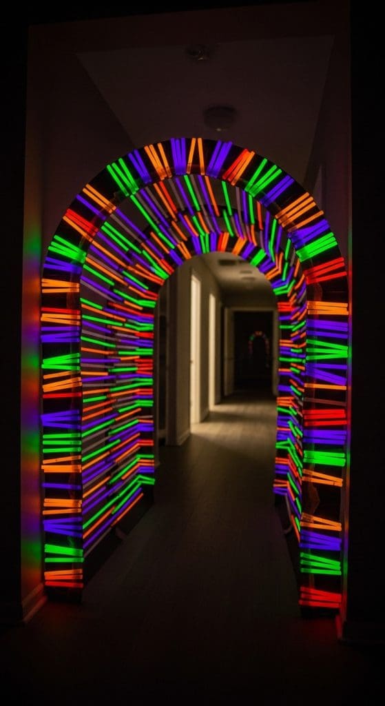 archway inside a home decorated with lots of colored glowsticks