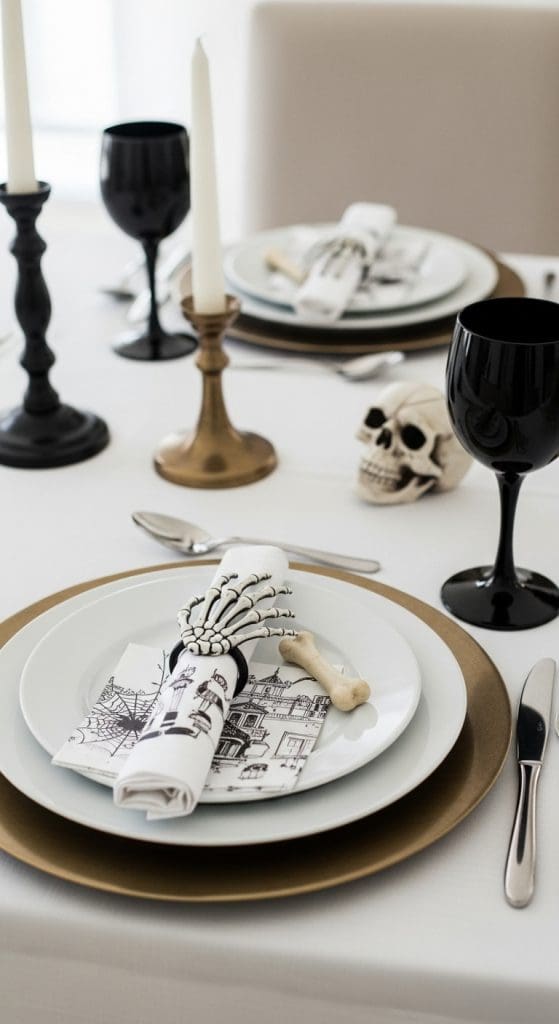 using a skeleton hand on a white plate for a napkin simple last minute halloween tablescape idea