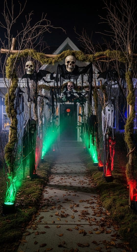 creepy forest halloween decor for front yard with faux moss and skulls
