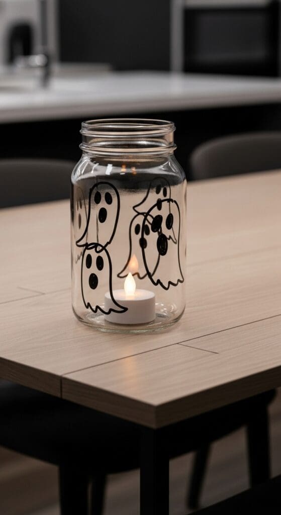 last minute halloween decor with mason jar painted with black ghosts