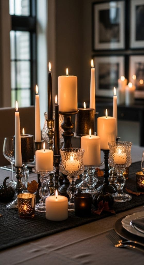 last minute halloween idea using tiered candles from around the house on the dining room table