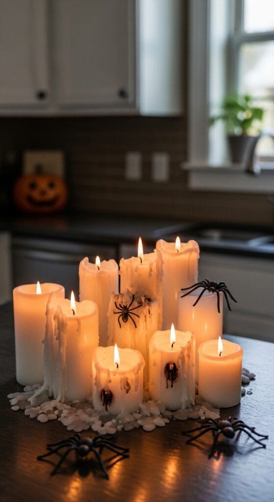last minute halloween decor idea with old candles with plastic spiders
