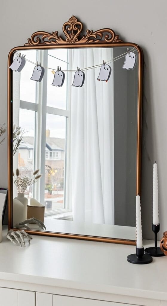 vintage gold mirror with white paper ghosts strung across the top