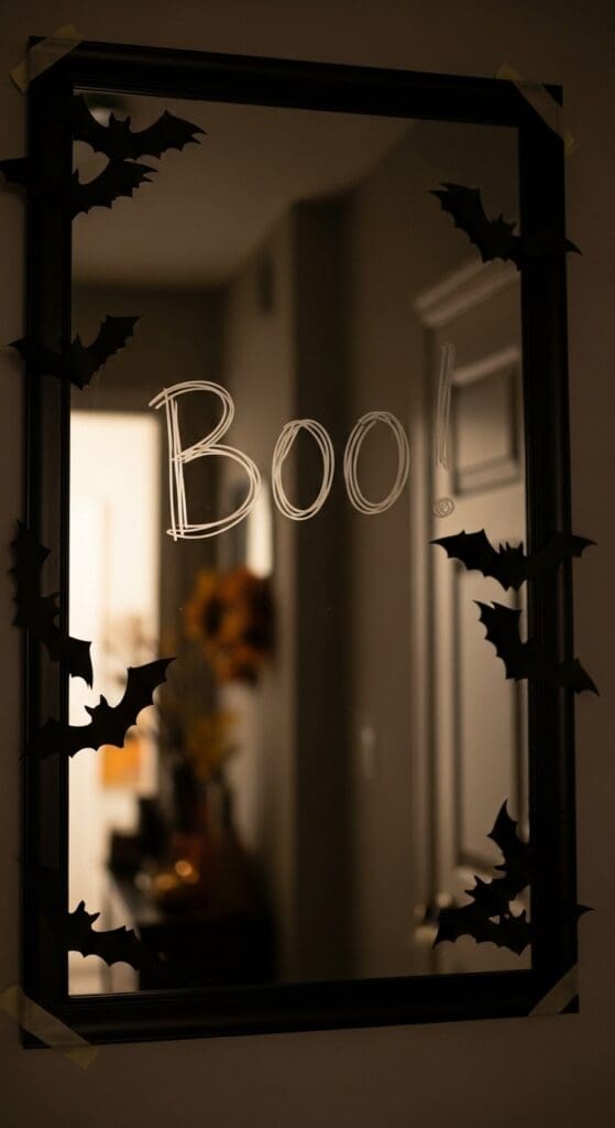 last minute halloween decor with hallway mirror that says "BOO"
