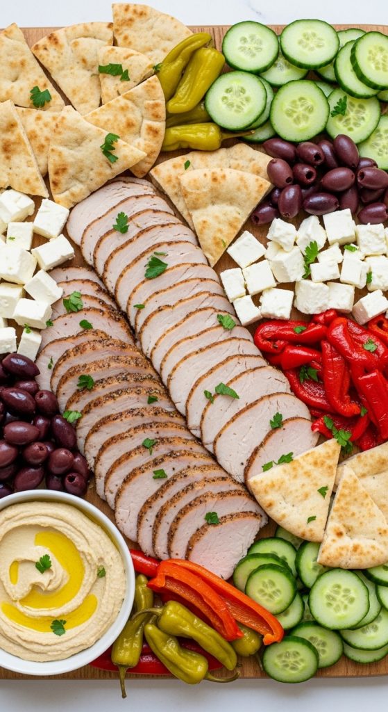 Turkey slices on a Thanksgiving charcuterie board using leftover turkey slices with cucumber, hummus, cheese and olives