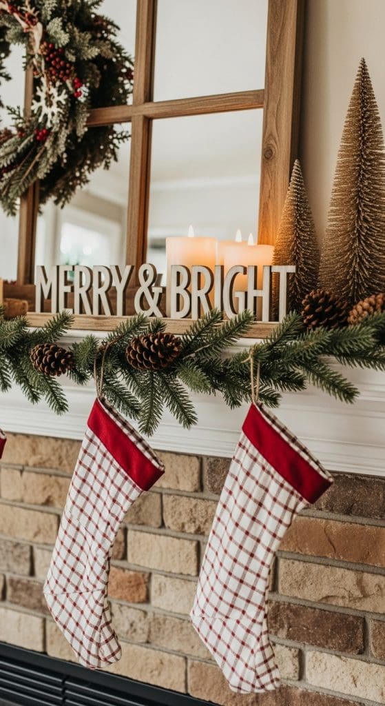 wooden christmas sign on top of fireplace mantle with plaid stockings