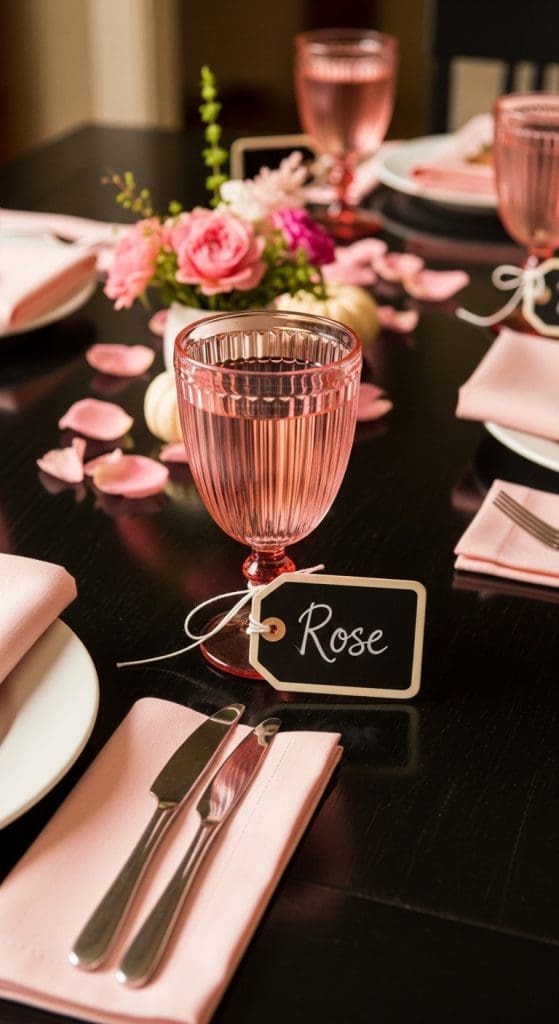 Pink glass with a mini chalkboard tag that says "ROSE"