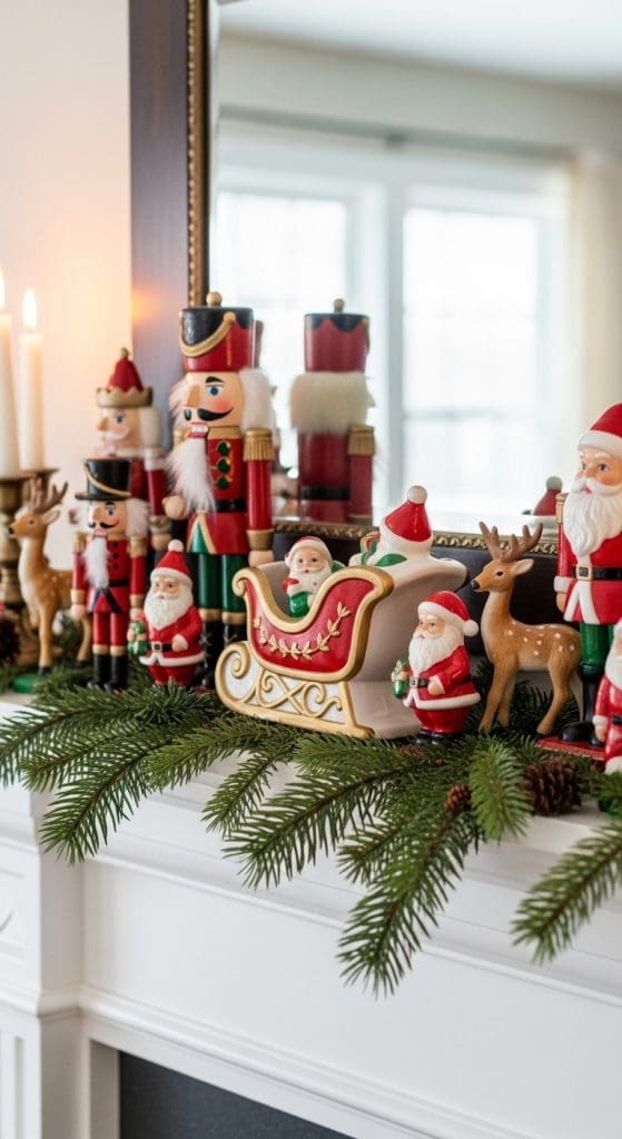 vintage style christmas ornamnets. ona white fireplace with evergreen sprigs Affordable Mantle Christmas Decor