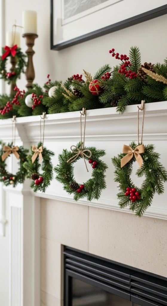 mini chrsitmas wreaths hanging from white fireplace mantle Affordable Mantle Christmas Decor ideas