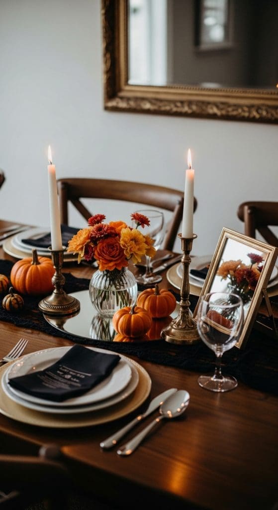 mirror reflecting light from taper candles on a modern halloween table