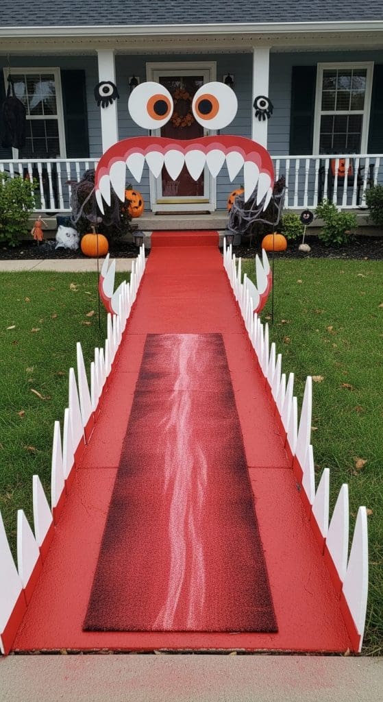 DIY monster mouth with cut out teeth and red carpet halloween decor