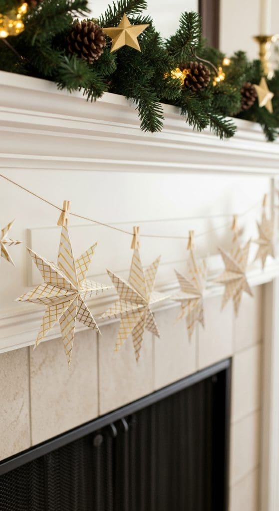 DIY Christmas stars with gold strips on a wire hanging across mantle