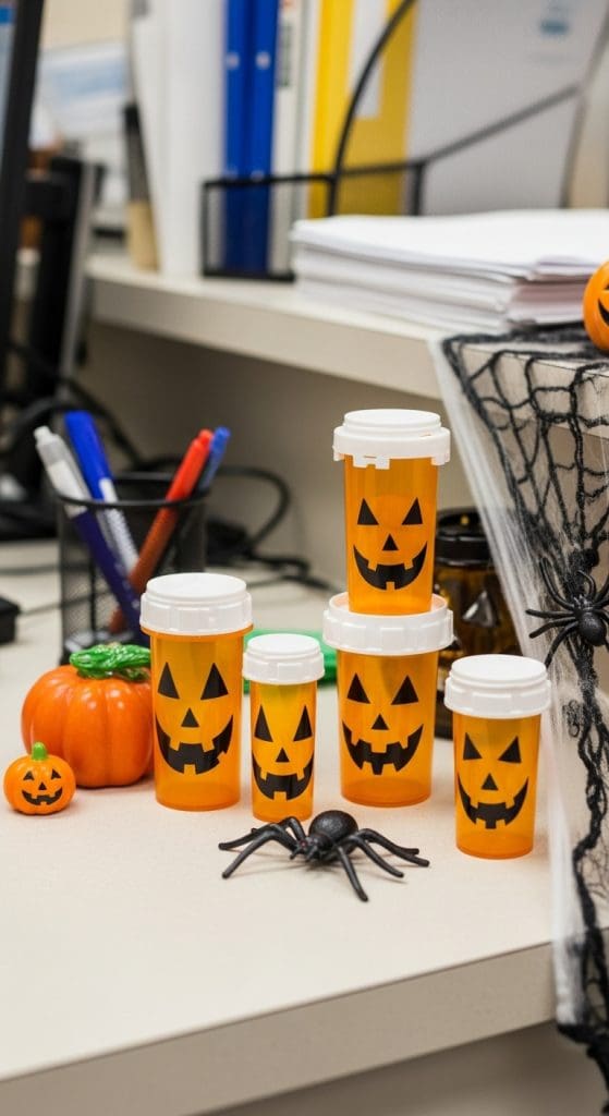 Pill bottles decorated like jack o lanterns