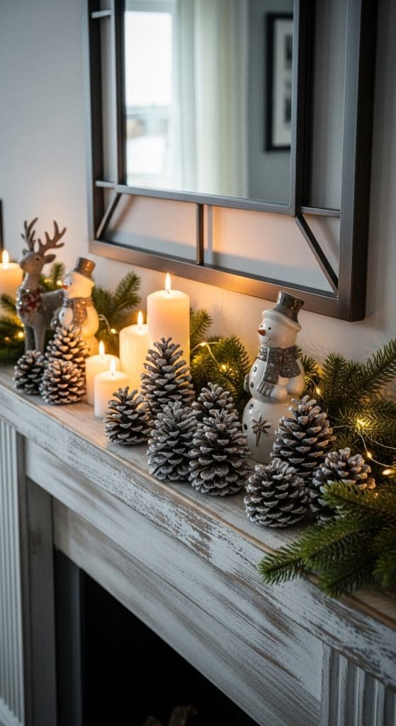 pinecones sprayed with silver glitter with Christmas ornaments on a fireplace mantle