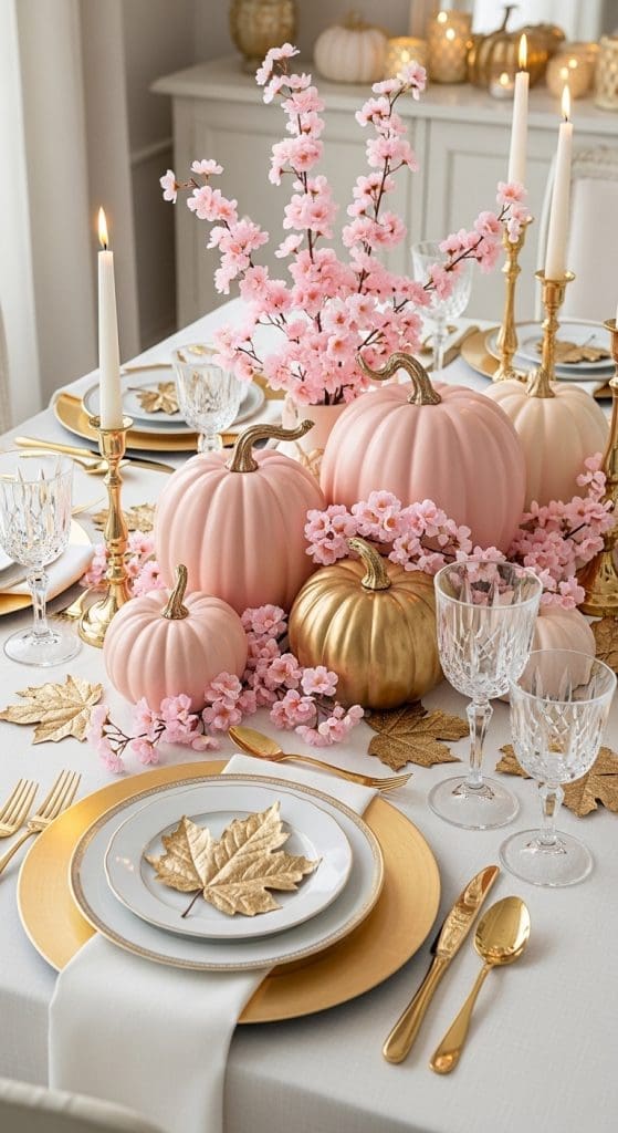 golden charger plates, autumnal leaves and pink and gold pumpkin thanksgiving table decor