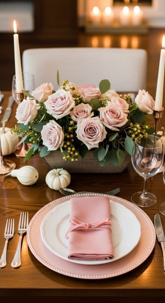 Pink charger plates with white plates and pink napkins on a thanksgiving table