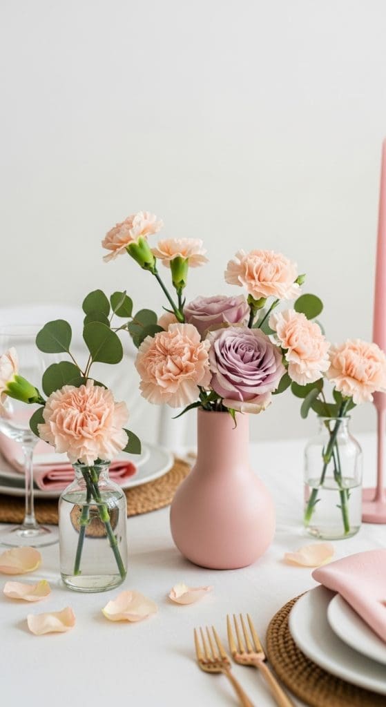 blush roses in a matte pink vase on a white thanksgiving table