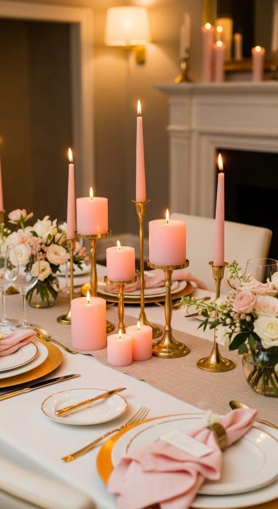 golden taper candle holders and pink taper candles on thanksgiving table