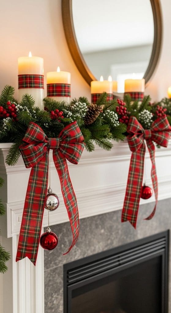 plaid red ribbon and bows tied around candles with an evergreen garland