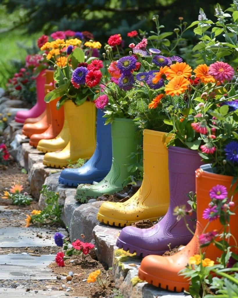 Wellington boots in different colours lined up with flowers inside, repurposed as planters