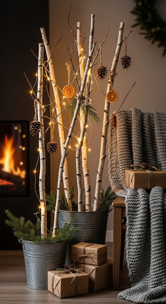 Rustic Christmas Home Decor of birch branches in steel pots with pine and parcels wrapped in fairy lights