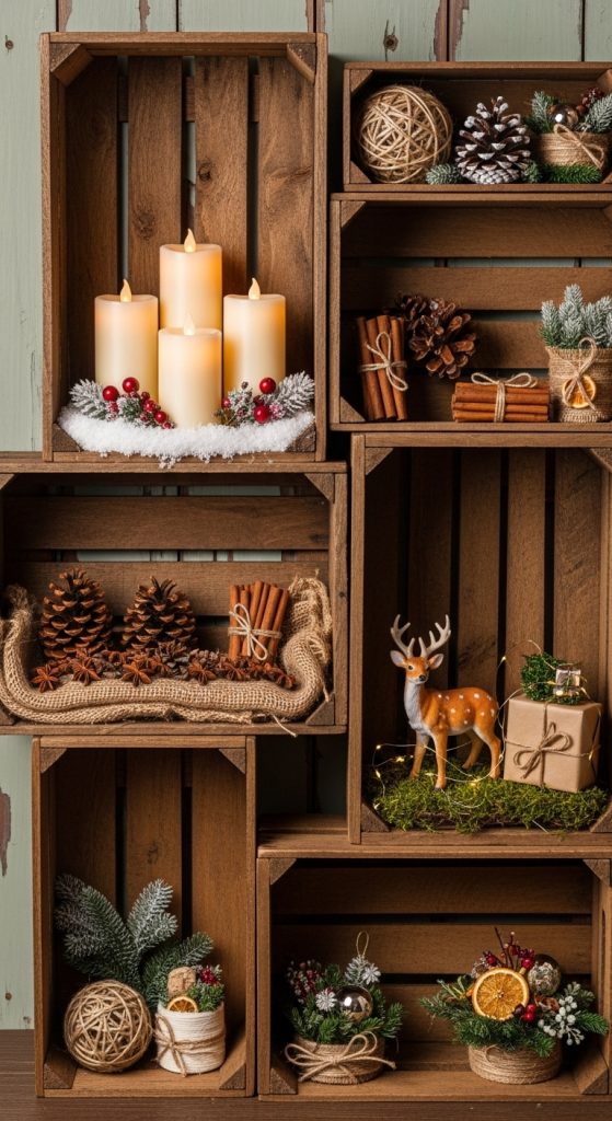 Rustic Christmas Home Decor in crates with cute Christmas ornaments such as deer, pinecones and parcels