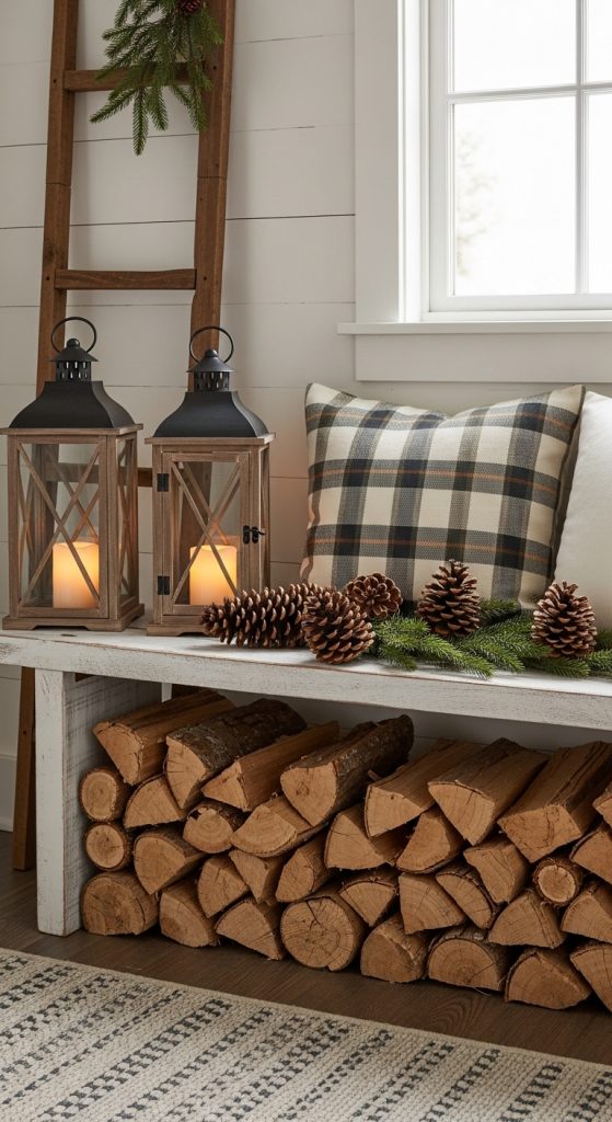 Rustic Christmas Home Decor entryway bench with logs, pinecones and cushions