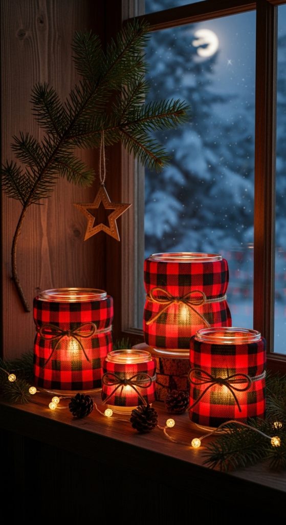 Rustic Christmas Home Decor of mason jars wrapped in plaid material with fairy lights on windowsill