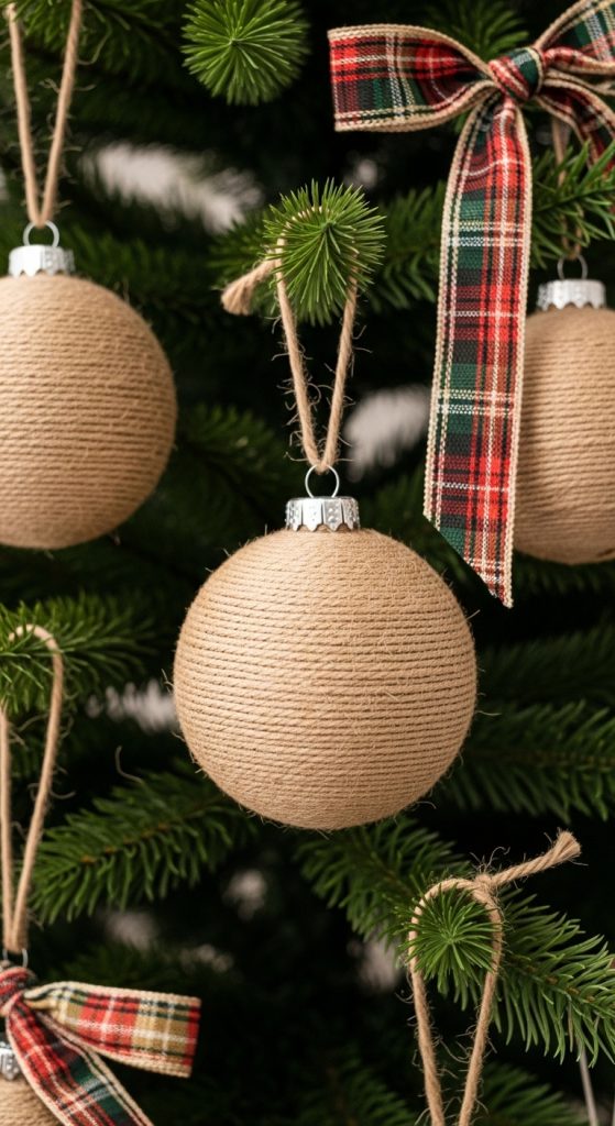 christmas tree baubles wrapped in twine