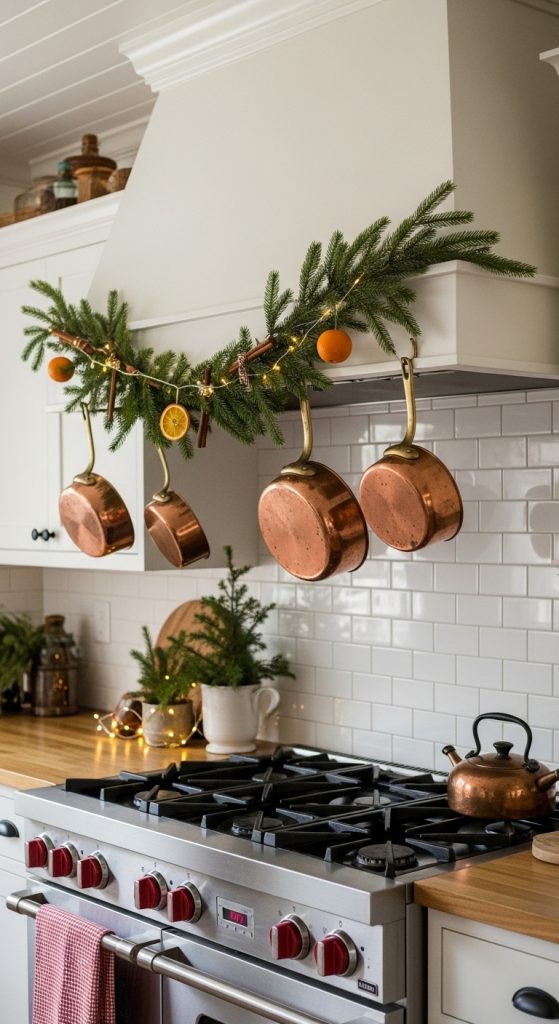 Rustic Christmas Home Decor of copper pots and a green garland hanging in the kitchen above the cooker hood